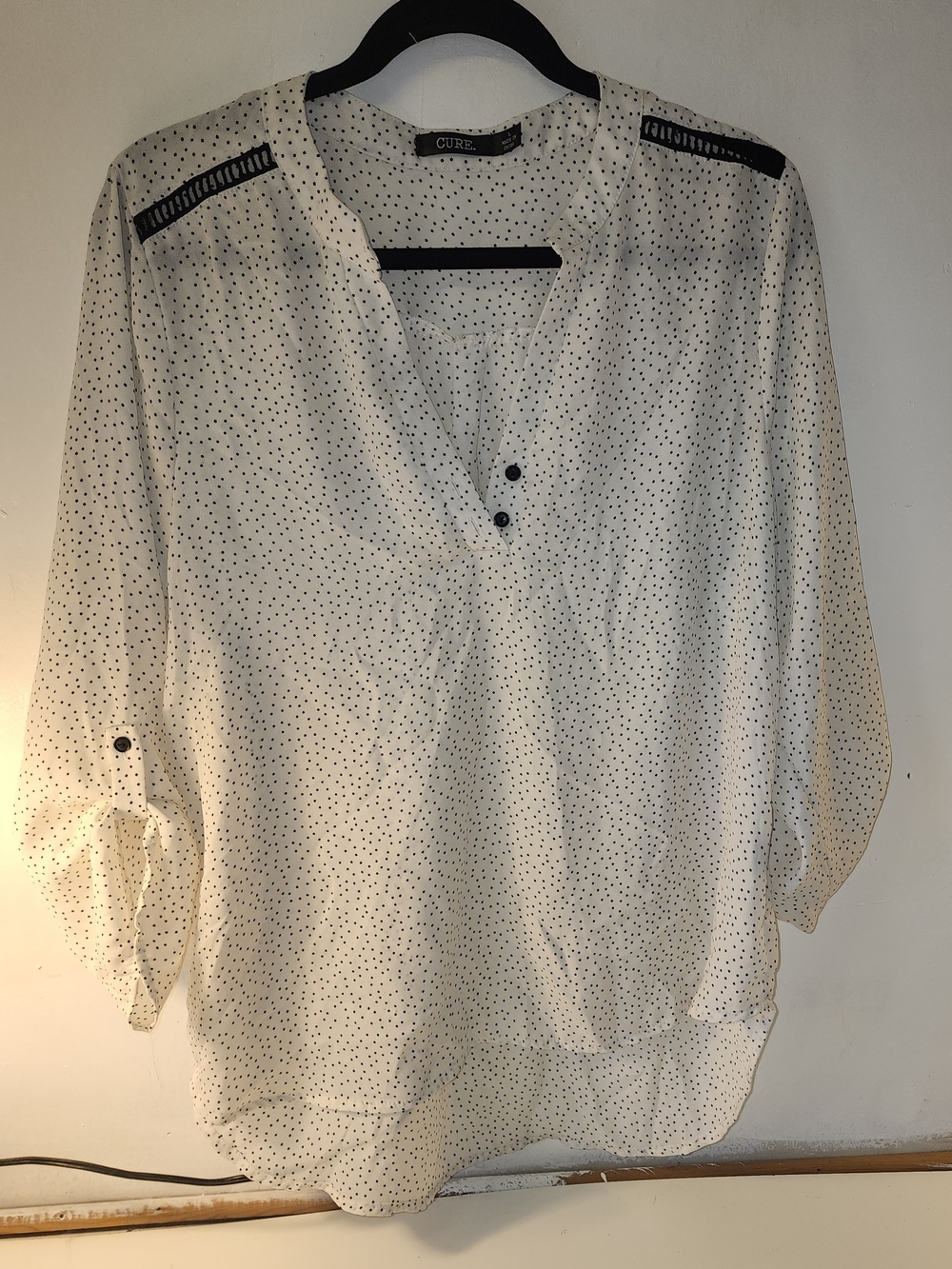 CURE Polka Dot V-Neck Blouse in White with Black Dots